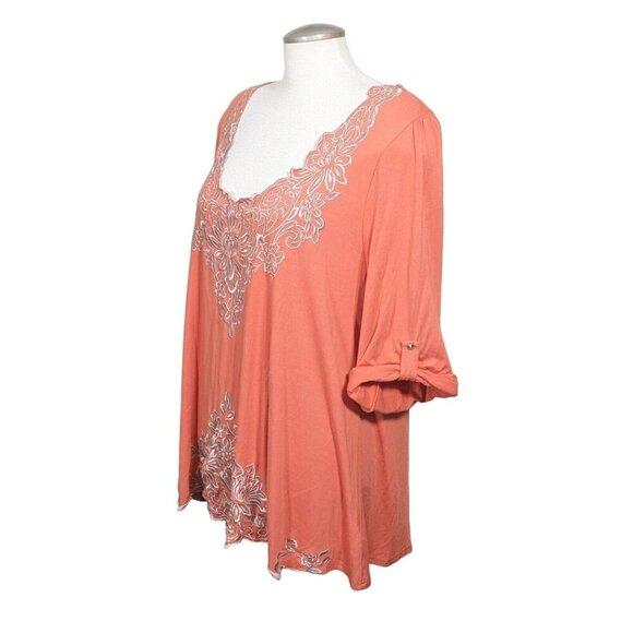 Vintage 80s Womens Tunic Top Large Boho Floral Embroidered Orange Roll Tab - Picture 5 of 8